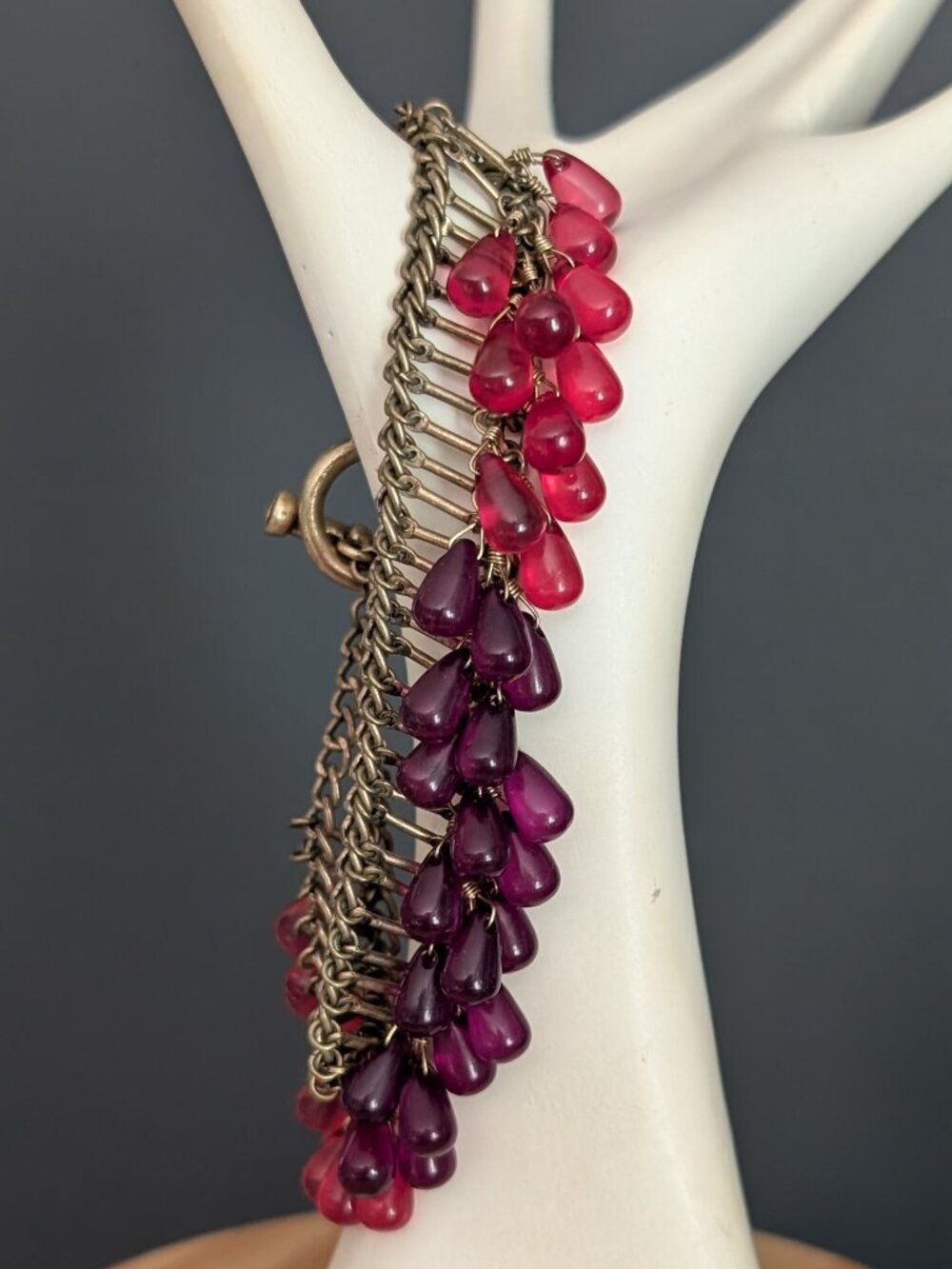 Vintage antique gold bracelet with pink and purple teardrop glass beads